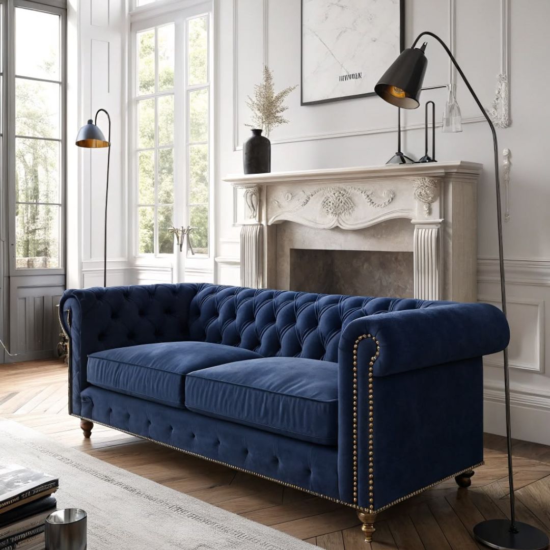 Luxury furniture and lighting collection featuring modern sofas and statement lights