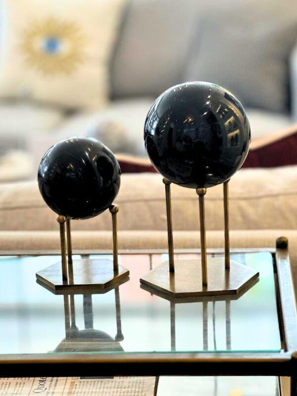 Taurus Black Marble Decorative Sphere – Circle Base Stand, Antique Brass Finish