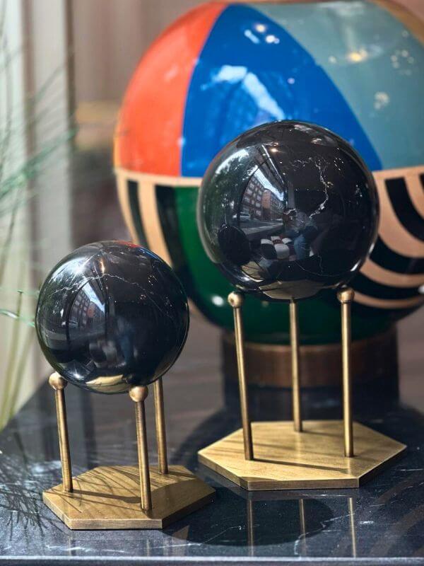 Taurus Black Marble Decorative Sphere – Circle Base Stand, Antique Brass Finish