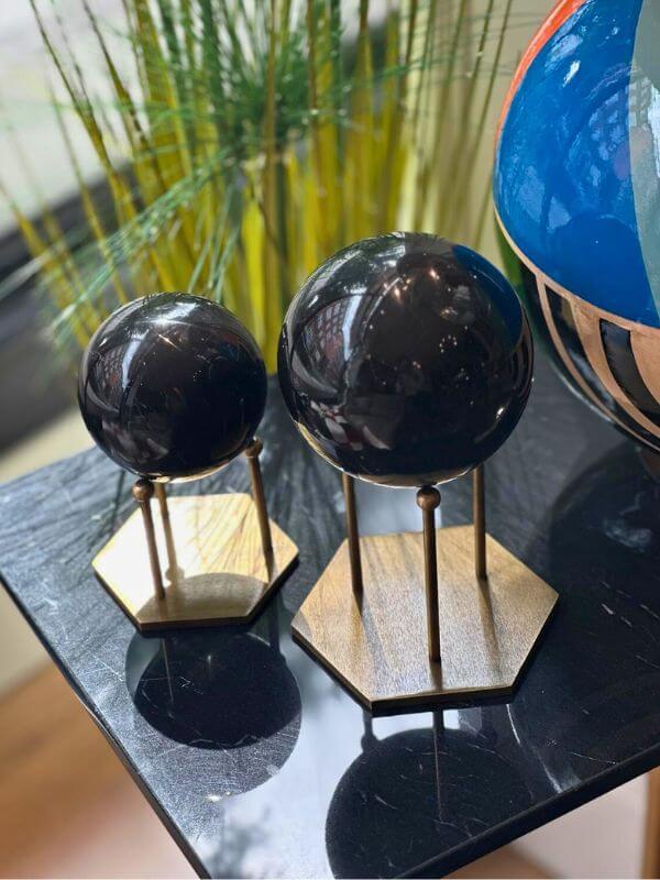 Taurus Black Marble Decorative Sphere – Circle Base Stand, Antique Brass Finish