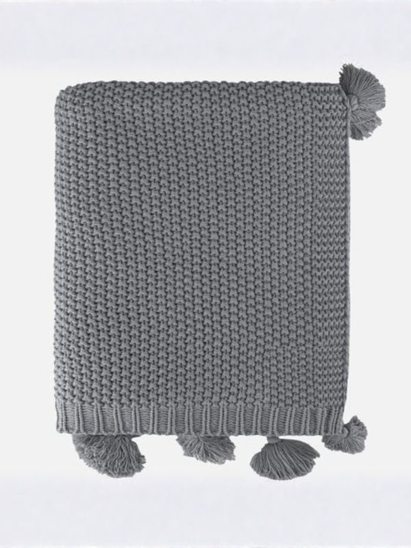 Grey Knitted Throw Blanket with Tassels – Soft Textured Single Sofa Throw (130 x 170 cm)