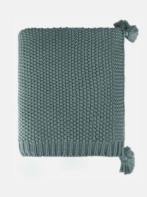 Sage Knitted Throw Blanket with Tassels – Soft Textured Single Sofa Throw (130 x 170 cm)