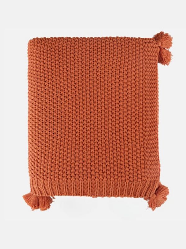 Orange Knitted Throw Blanket with Tassels – Soft Textured Single Sofa Throw (130 x 170 cm)