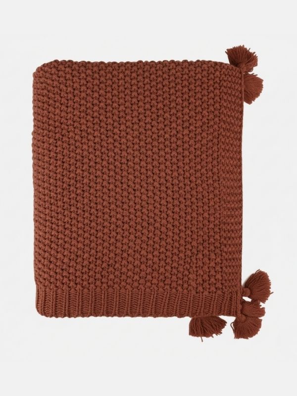 Rust Knitted Throw Blanket with Tassels – Soft Textured Single Sofa Throw (130 x 170 cm)