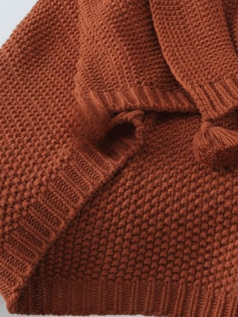 Rust Knitted Throw Blanket with Tassels – Soft Textured Single Sofa Throw (130 x 170 cm)