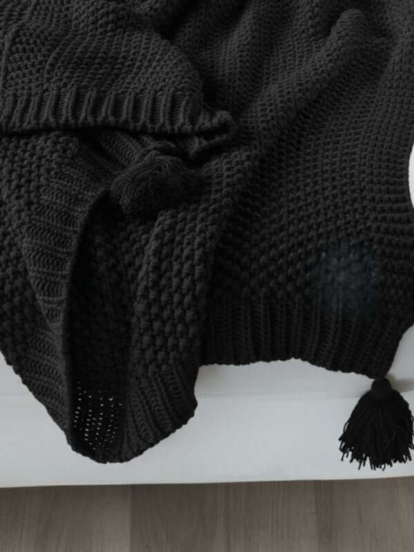 Black Knitted Throw Blanket with Tassels