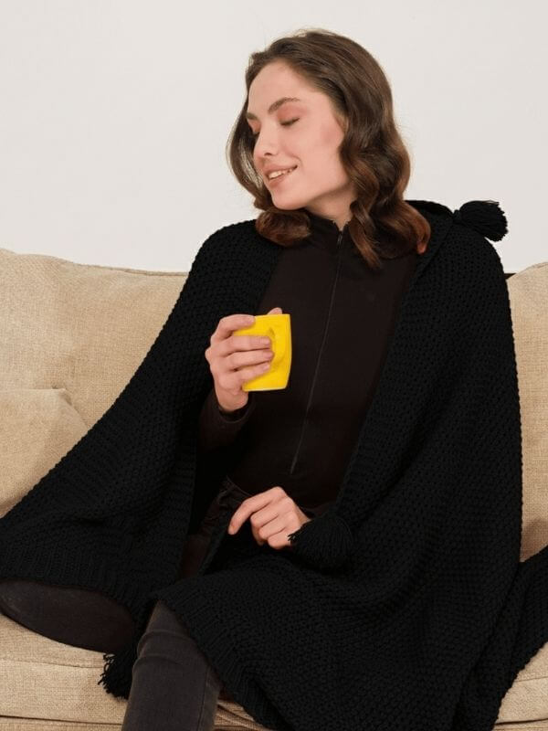 Black Knitted Throw Blanket with Tassels