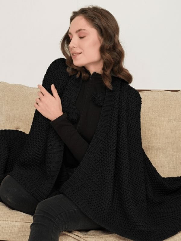 Black Knitted Throw Blanket with Tassels