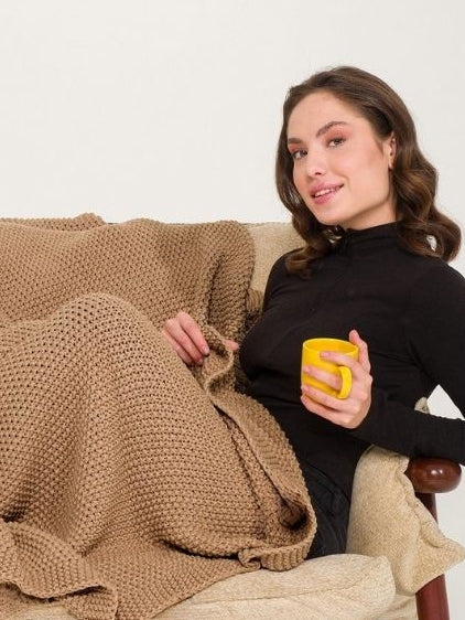 Camel Knitted Throw Blanket with Tassels – Soft Textured Single Sofa Throw (130 x 170 cm)