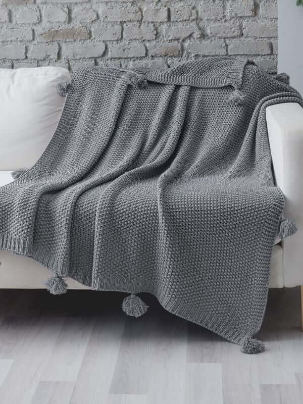 Gray Knitted Throw Blanket with Tassels – Soft Textured Single Sofa Throw (130 x 170 cm)