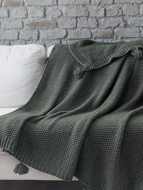 Khaki Knitted Throw Blanket with Tassels – Soft Textured Single Sofa Throw (130 x 170 cm)