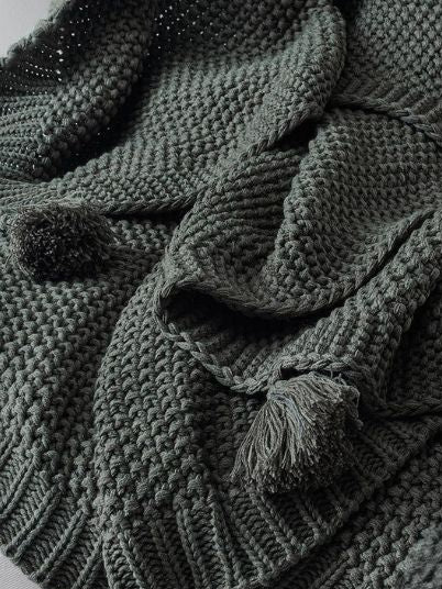 Khaki Knitted Throw Blanket with Tassels – Soft Textured Single Sofa Throw (130 x 170 cm)