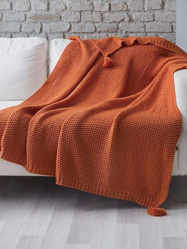 Orange Knitted Throw Blanket with Tassels – Soft Textured Single Sofa Throw (130 x 170 cm)