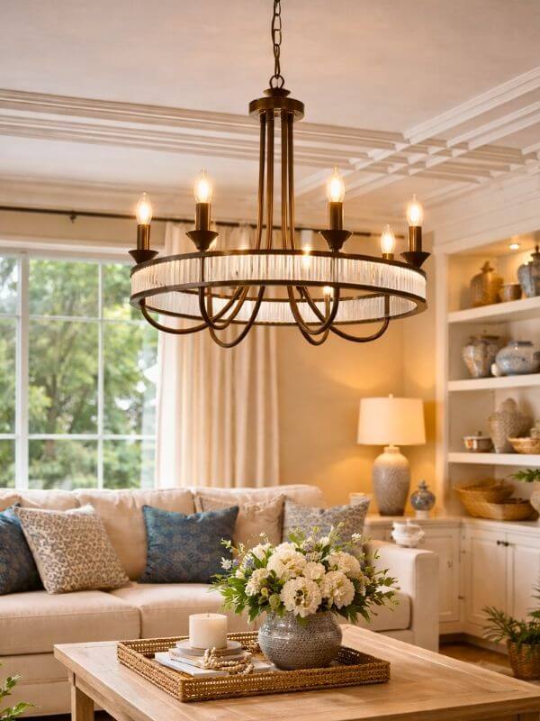 Modern round crystal chandelier illuminating a cozy living room with stylish decor and natural light.