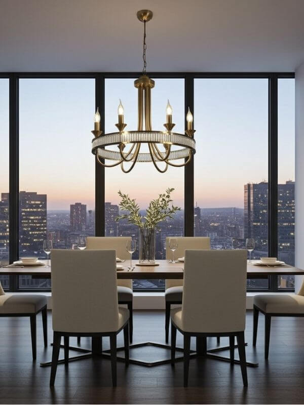Modern Round Crystal Chandelier illuminating a stylish dining room with city skyline views.