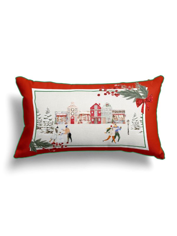 Winter Village Scene Cushion – 30x50 cm | Festive Red