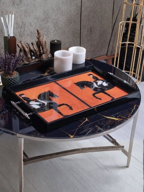 Decorative Glass Serving & Presentation Tray – Horse Design (Orange)
