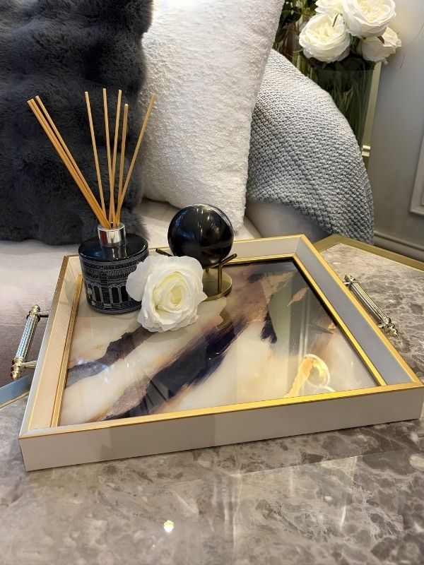 Decorative Glass Tray – Gold & White