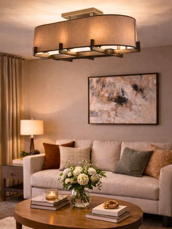 Modern fabric chandelier hanging elegantly above a stylish living room coffee table with floral arrangement and cozy couch.