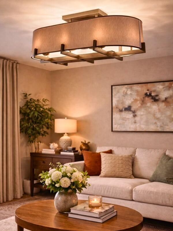 Modern fabric chandelier illuminating a stylish living room with elegant furnishings and decor.
