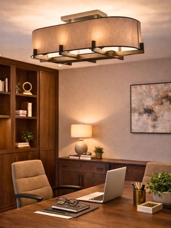 Modern fabric chandelier illuminating a stylish home office with wooden furnishings and contemporary decor.