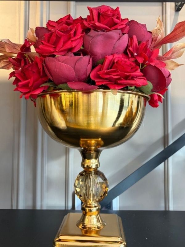Gold Metal Pedestal Vase with Red Rose Artificial Flower Arrangement