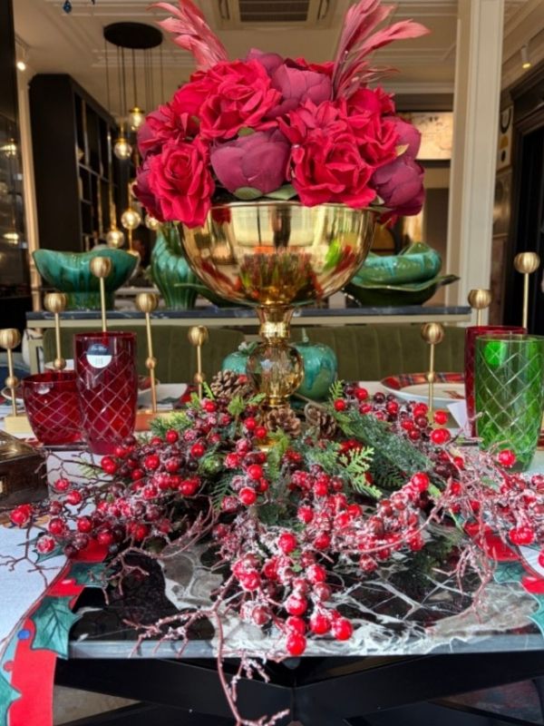 Gold Metal Pedestal Vase with Red Rose Artificial Flower Arrangement