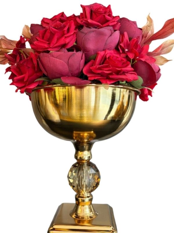 Gold Metal Pedestal Vase with Red Rose Artificial Flower Arrangement