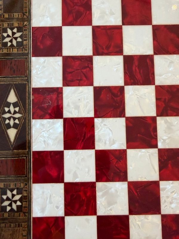 Handmade Mother-of-Pearl Chess Set – Brass & Chrome Pieces (25 x 25 cm)