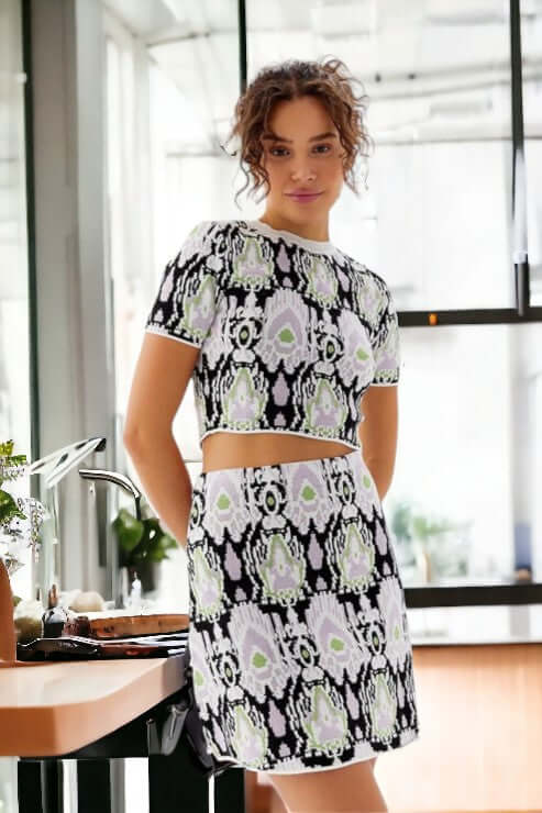 Jacquard Knitwear Set-Black-Lilac
