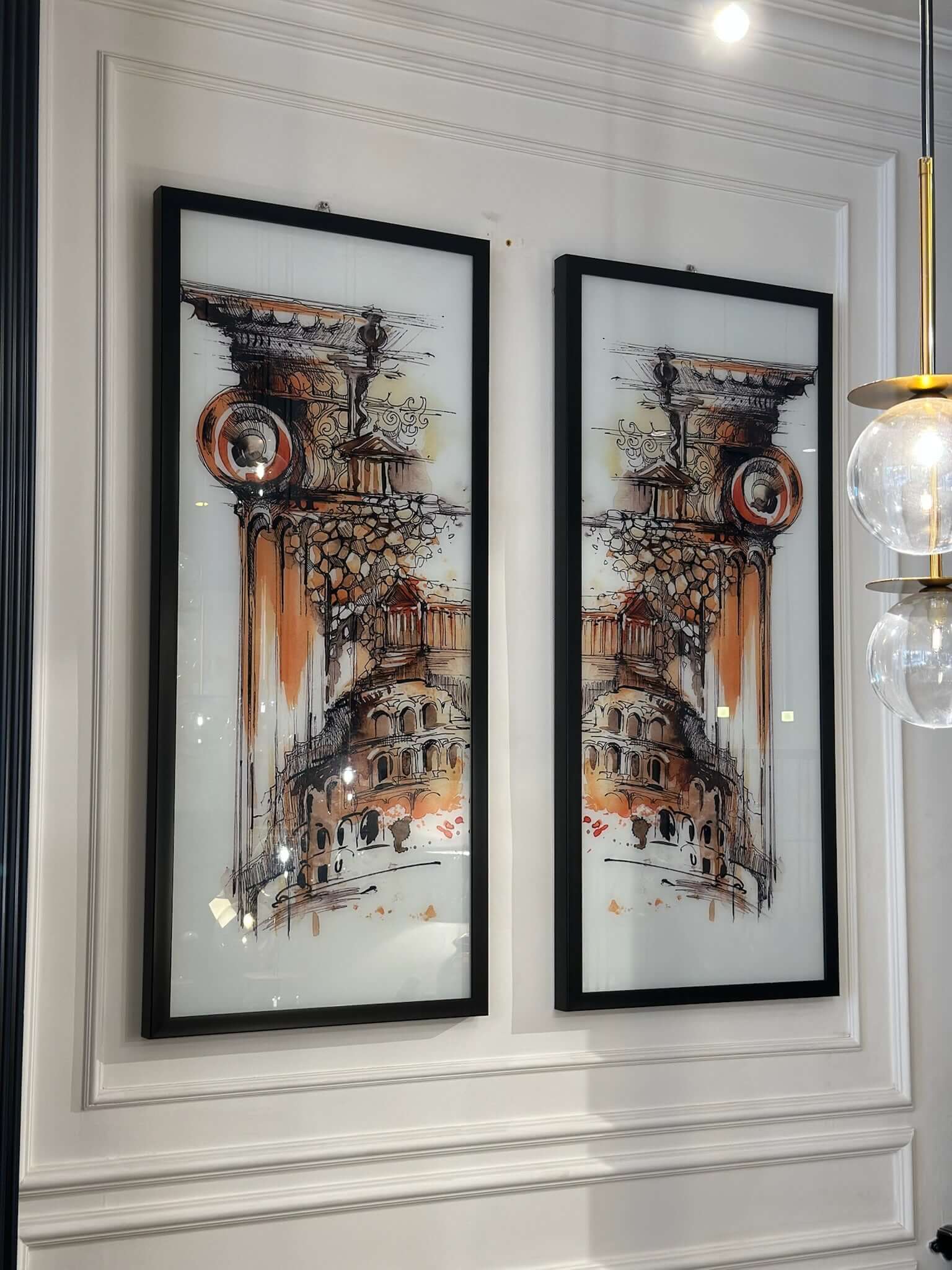 Framed glass wall art black metal frame featuring ancient Greek architecture and classical columns in an elegant setting.