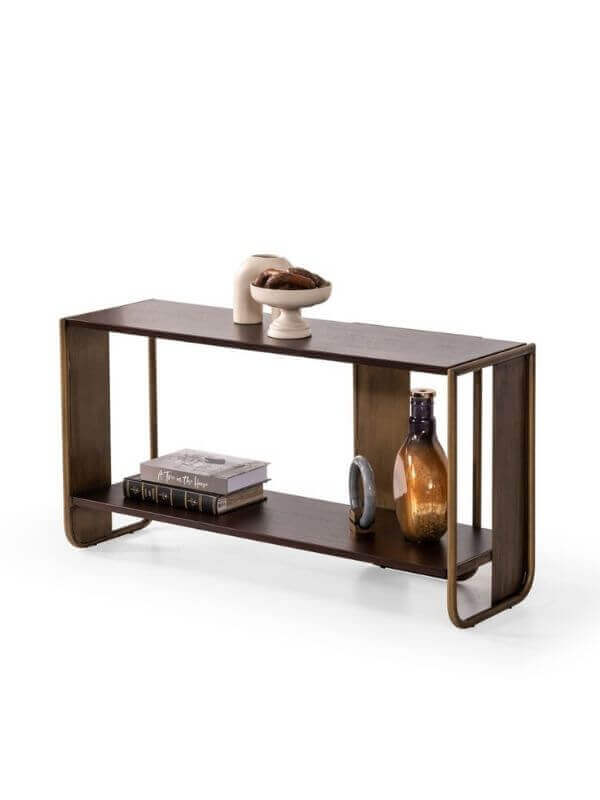 ISABEL BRASS AND WOOD CONSOLE TABLE