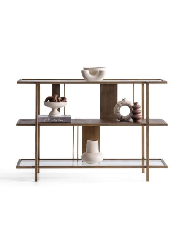 LATTE BRASS AND WOOD SEAT BACK CONSOLE TABLE