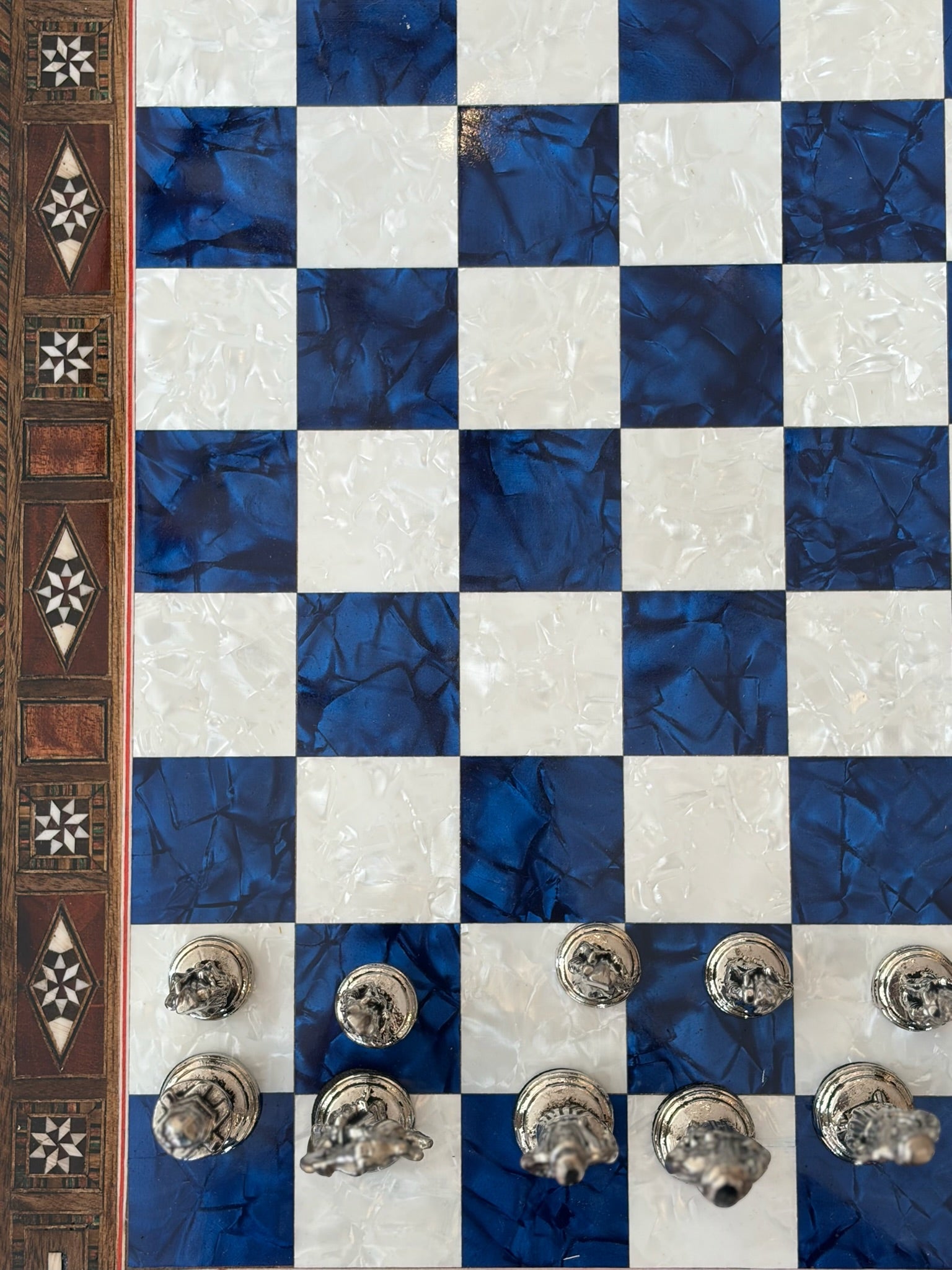 Large Blue Mother-of-Pearl Wooden Chess Set
