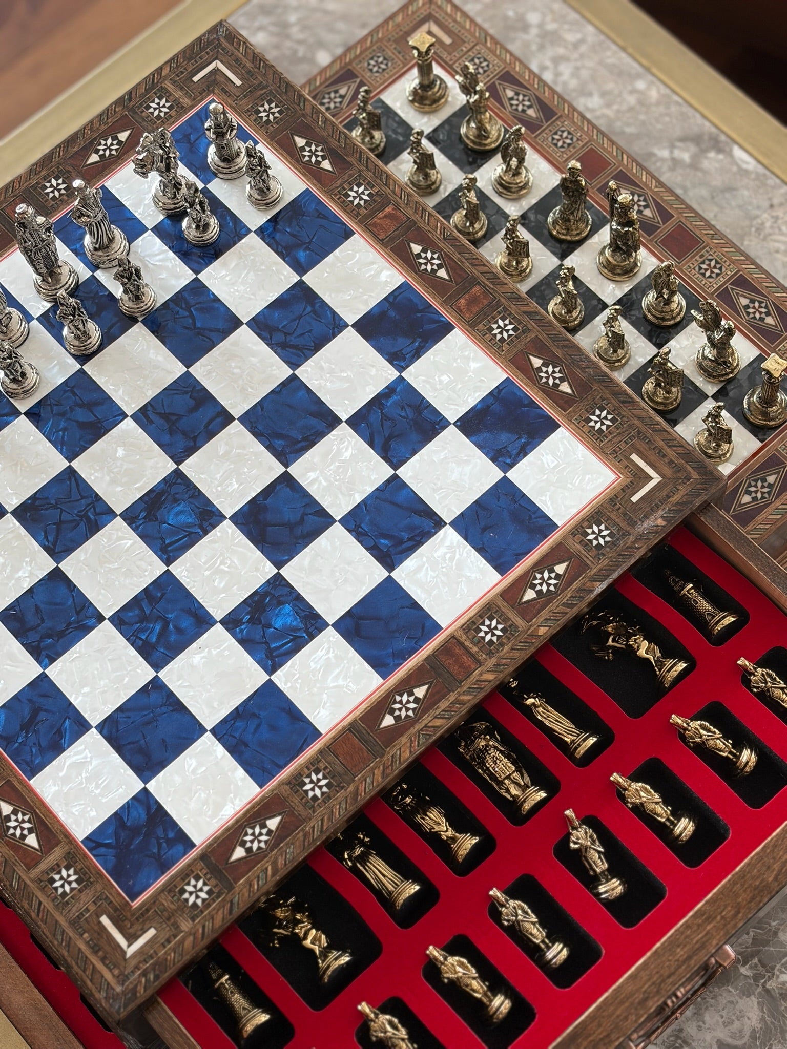 Large Blue Mother-of-Pearl Wooden Chess Set