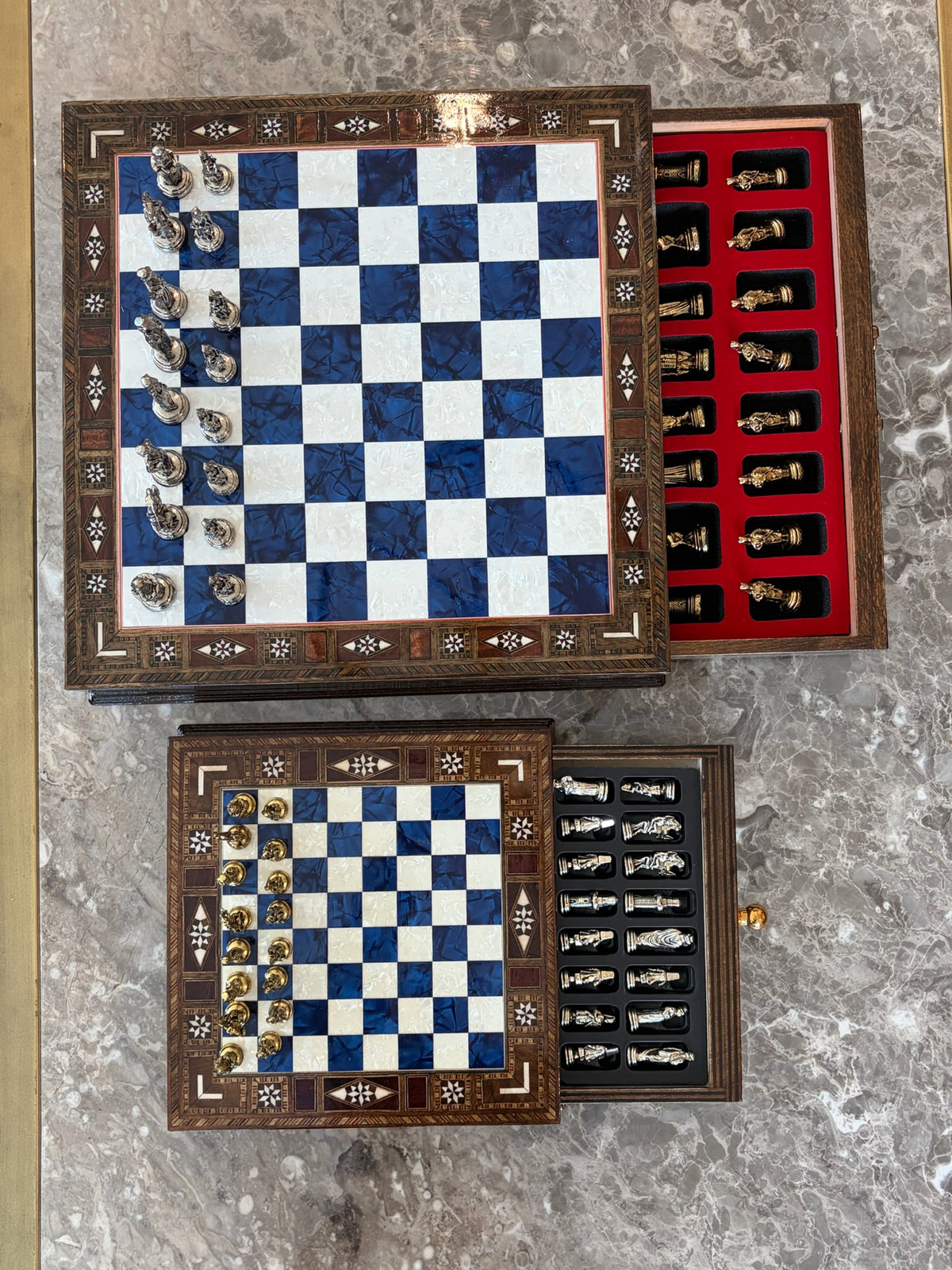 Large Blue Mother-of-Pearl Wooden Chess Set