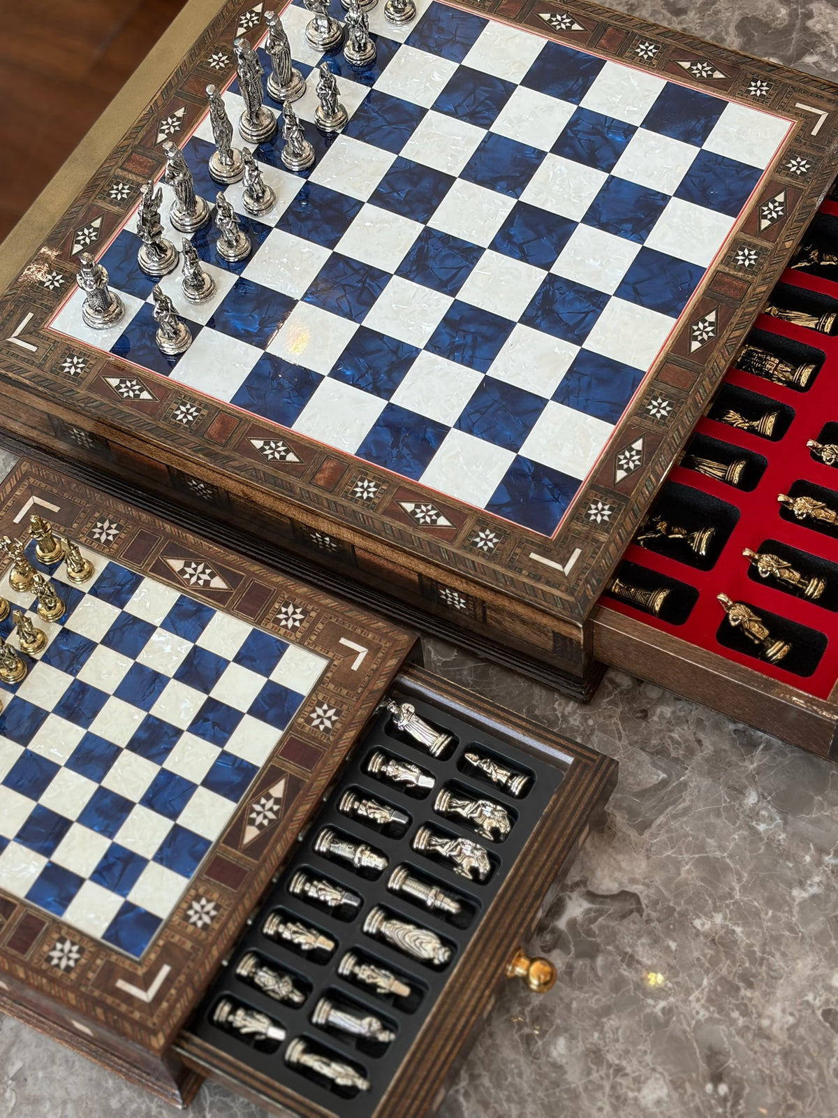 Large Blue Mother-of-Pearl Wooden Chess Set