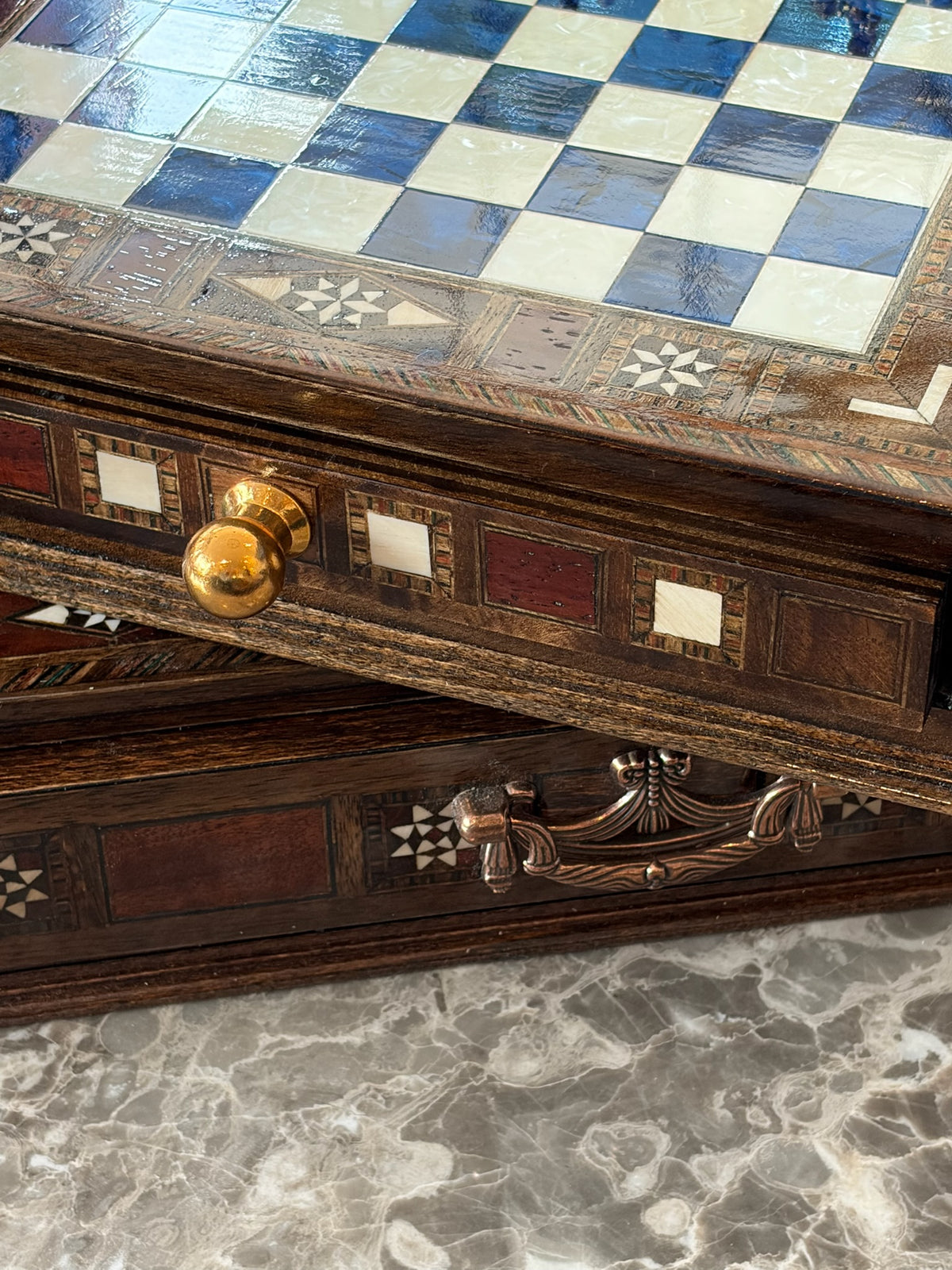 Large Blue Mother-of-Pearl Wooden Chess Set