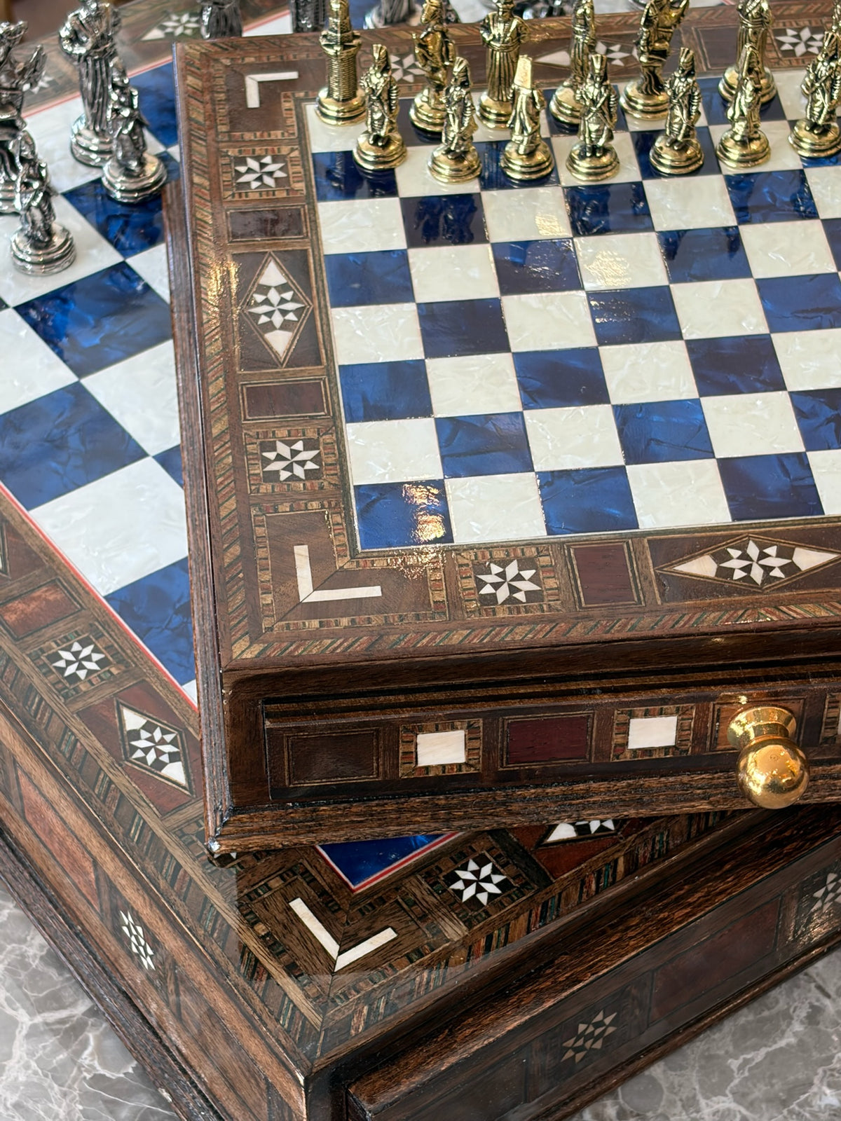 Large Blue Mother-of-Pearl Wooden Chess Set