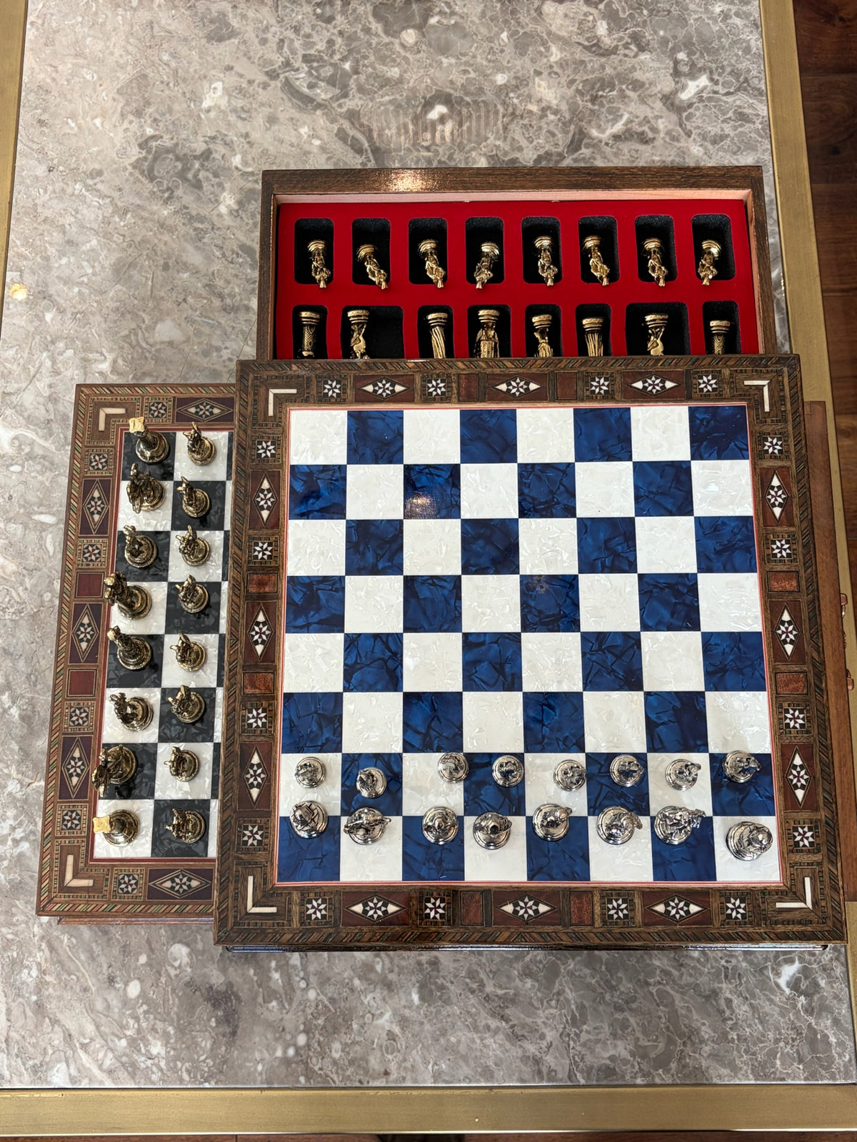 Large Blue Mother-of-Pearl Wooden Chess Set