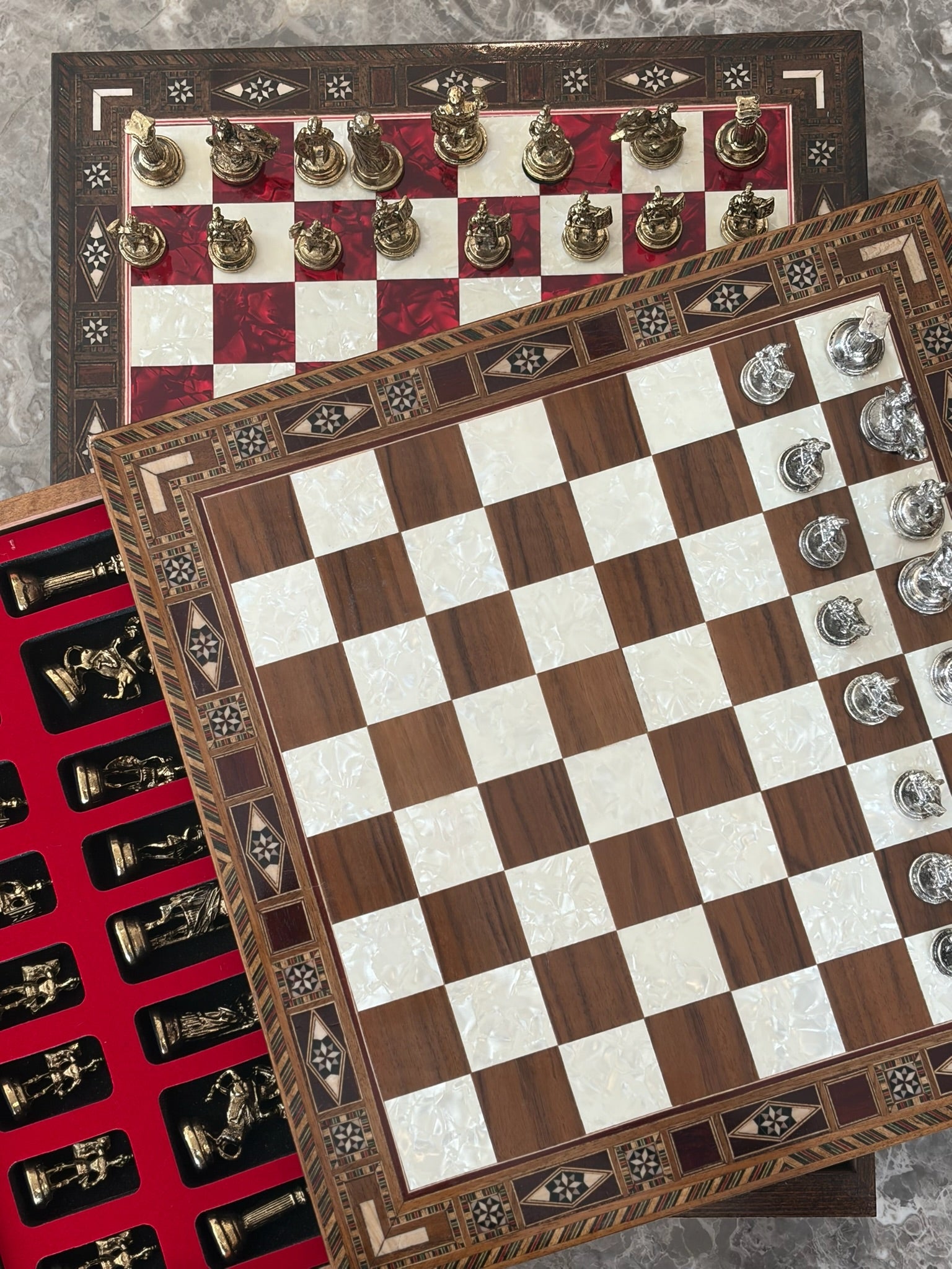 Large Brown Mother-of-Pearl Wooden Chess Set