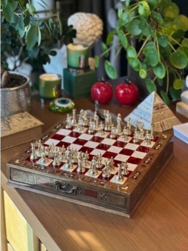 Large Red Mother-of-Pearl Wooden Chess Set