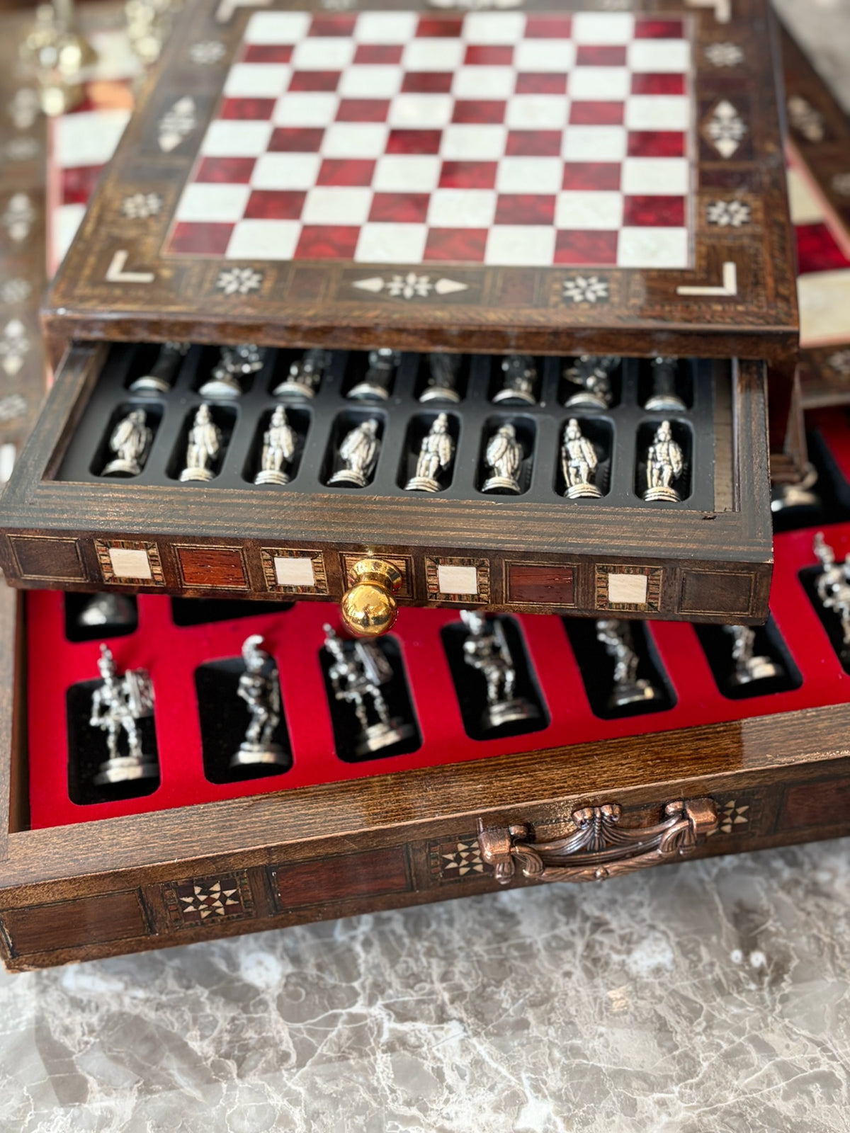 Large Red Mother-of-Pearl Wooden Chess Set
