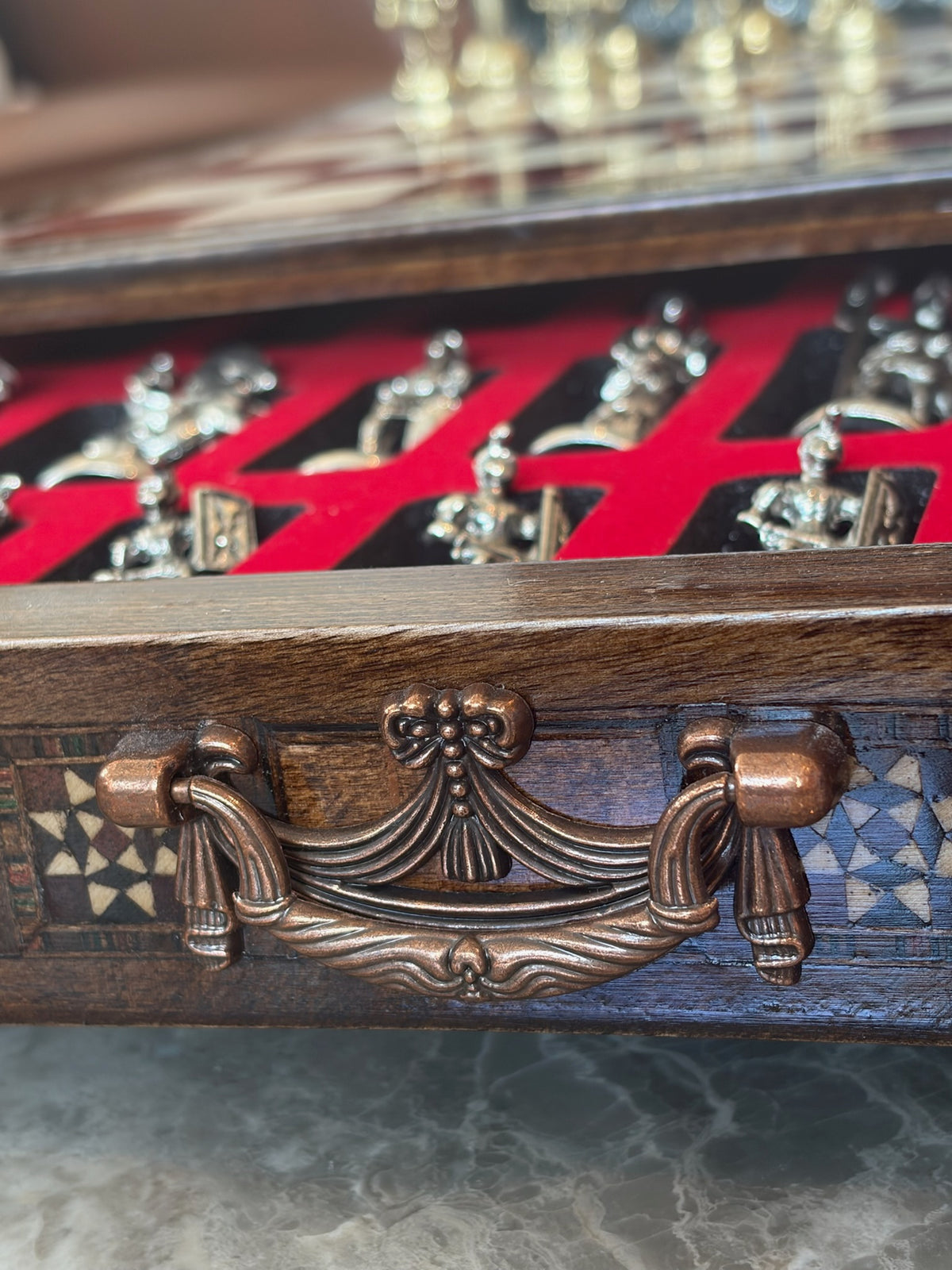 Large Red Mother-of-Pearl Wooden Chess Set
