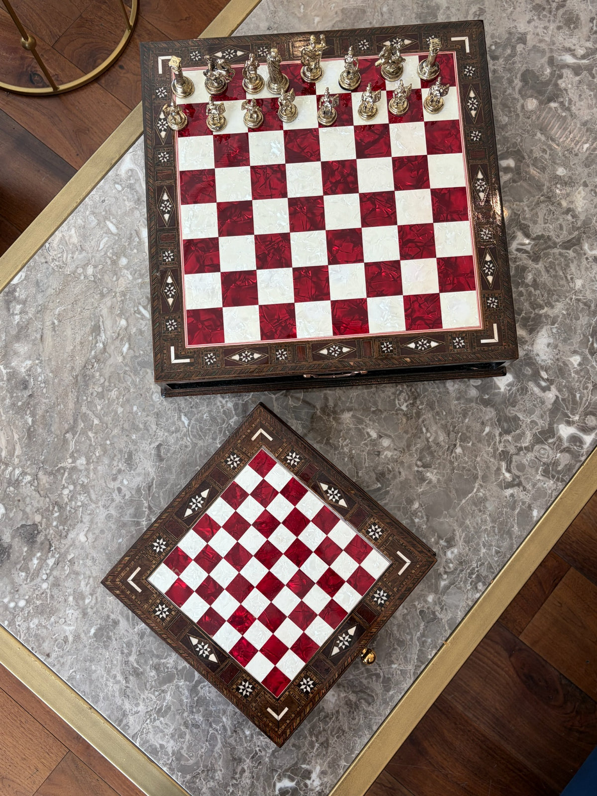 Large Red Mother-of-Pearl Wooden Chess Set