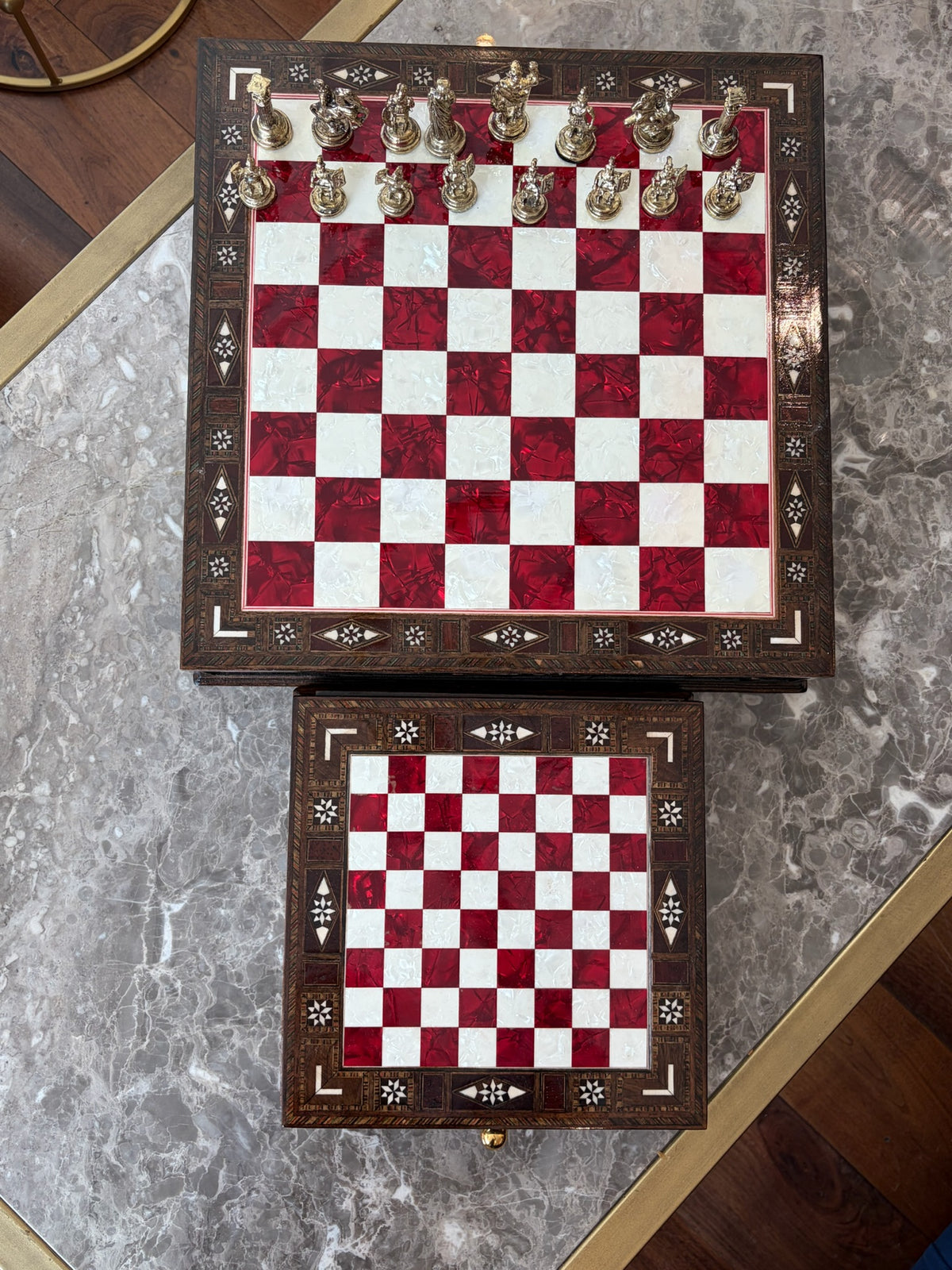 Large Red Mother-of-Pearl Wooden Chess Set