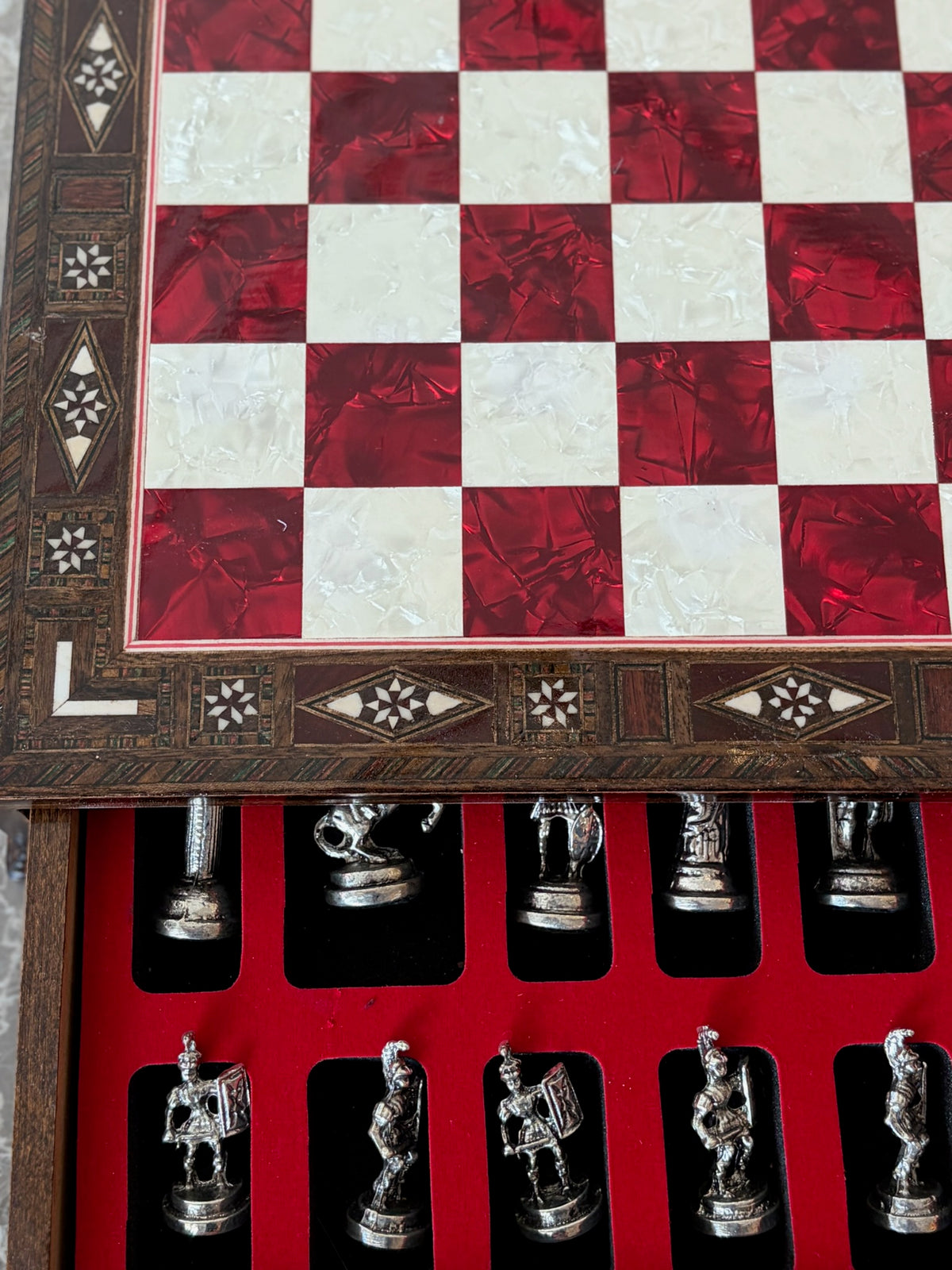 Large Red Mother-of-Pearl Wooden Chess Set