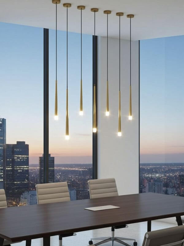 Modern polished brass chandelier hanging in a contemporary office with city skyline view.