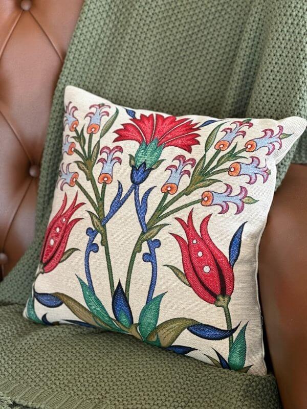 Ottoman tulip bloom cushion 41x41 cm featuring vivid floral patterns on organic cotton fabric.