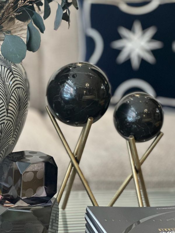 Taurus Black Marble Decorative Globe – 3-Legged Stand, Antique Brass Finish